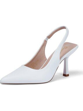 Women's White Slingback Kitten Heel Pointed Toe Stiletto Pumps Slip on Shoes